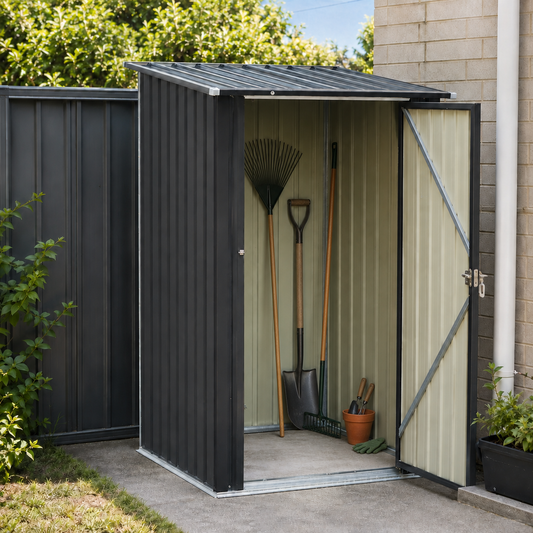 A dark gray metal garden shed with a slanted roof, shown open with garden tools inside, set against a brick wall and greenery.