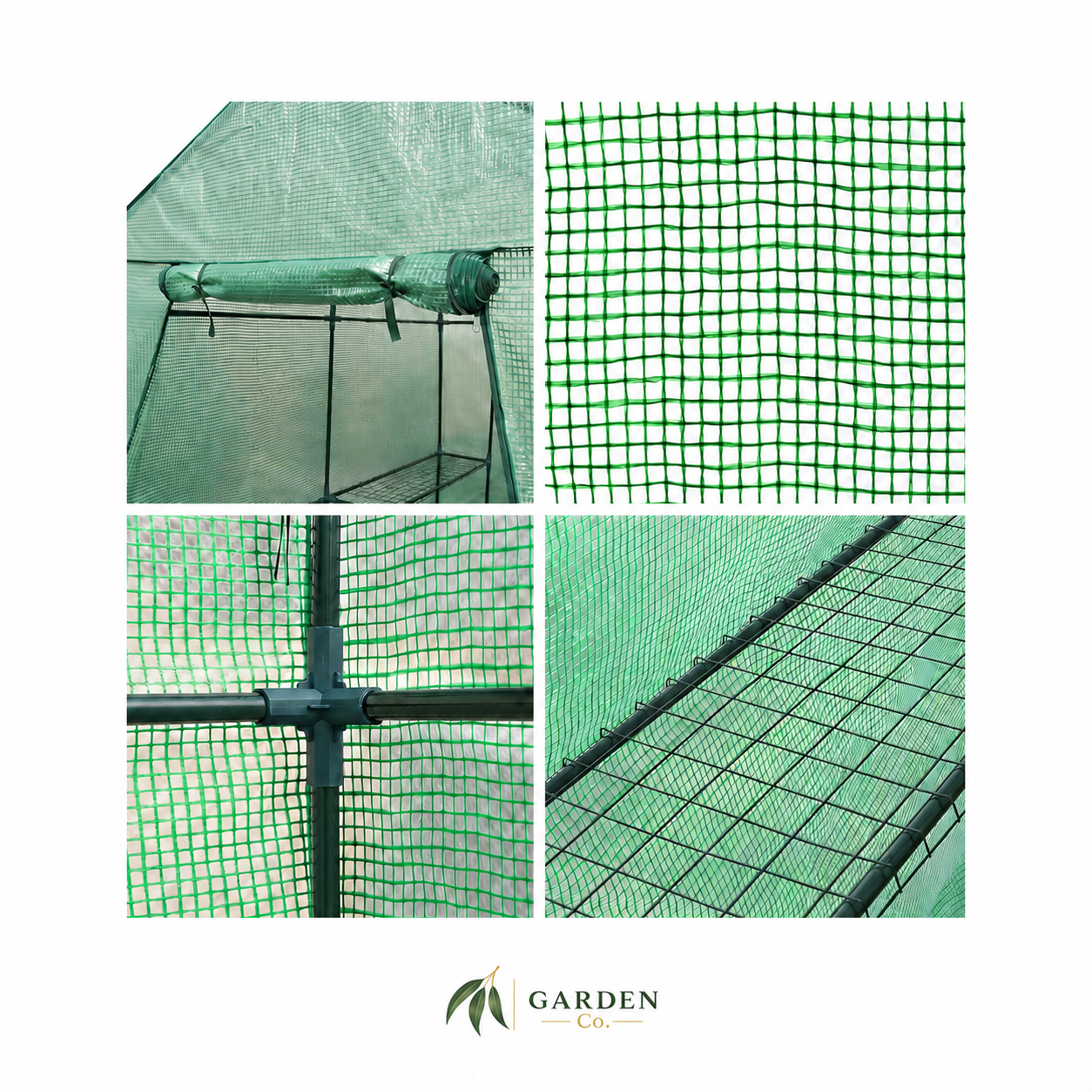 Green garden mesh screen shown installed on a frame, with four detail panels showing the netting texture, support structure, and draped application. The Garden Co logo appears at the bottom.