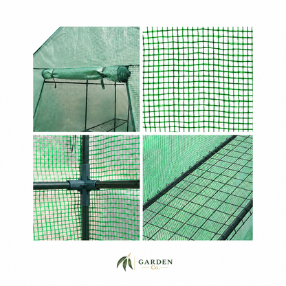 Green garden mesh screen shown installed on a frame, with four detail panels showing the netting texture, support structure, and draped application. The Garden Co logo appears at the bottom.