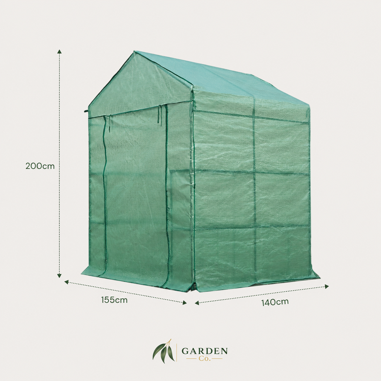 Green fabric greenhouse tent with a pitched roof, shown with dimension callouts indicating 200 cm height, 155 cm width, and 140 cm depth on a light beige background. Garden Club logo appears below.
