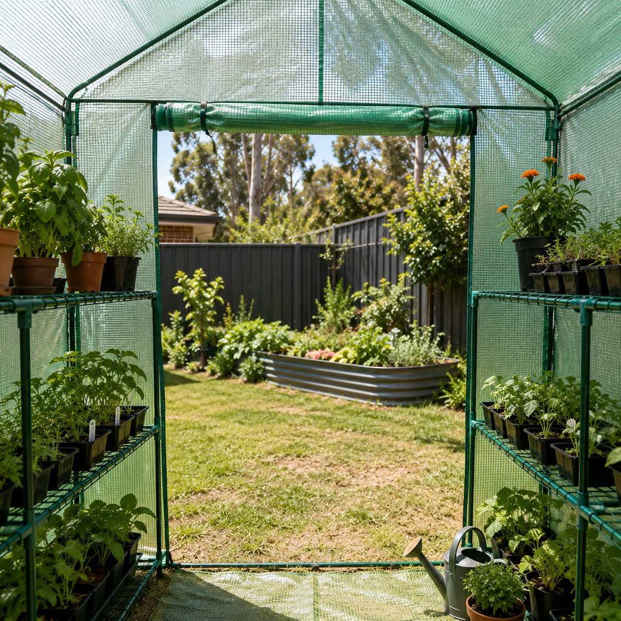 A green metal mesh greenhouse with shelves and a roll-up door, shown open in a backyard garden with potted plants, a watering can, grass, and a raised garden bed.