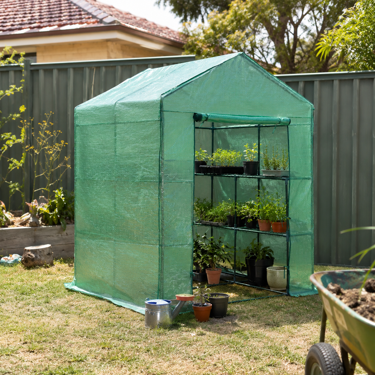 A green fabric greenhouse with a hinged door and built-in shelving, set up on a grassy backyard lawn next to a fence and garden tools.
