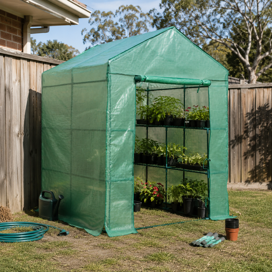 A green mesh portable garden hoop house with a door and shelving, set up on a grassy backyard lawn next to a wooden fence.