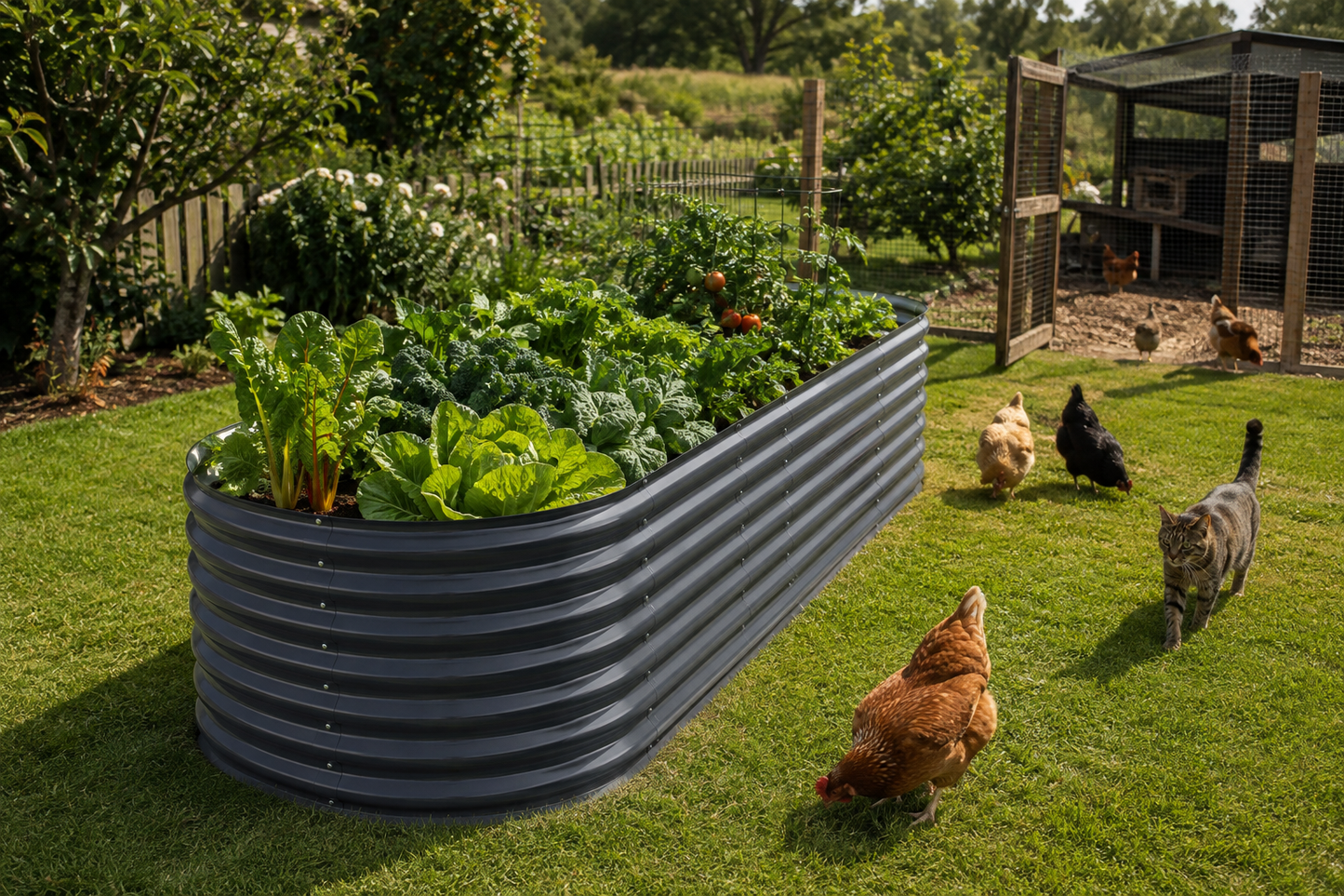 A corrugated metal raised garden bed filled with leafy greens and broccoli, situated on a green lawn in a backyard with chickens and a cat nearby.