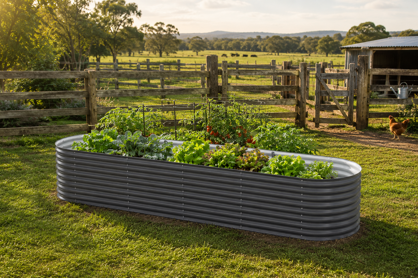 A long, corrugated metal raised garden bed filled with leafy green plants, situated on a grassy farm lawn with wooden fences, a barn, and a small chicken in the background.