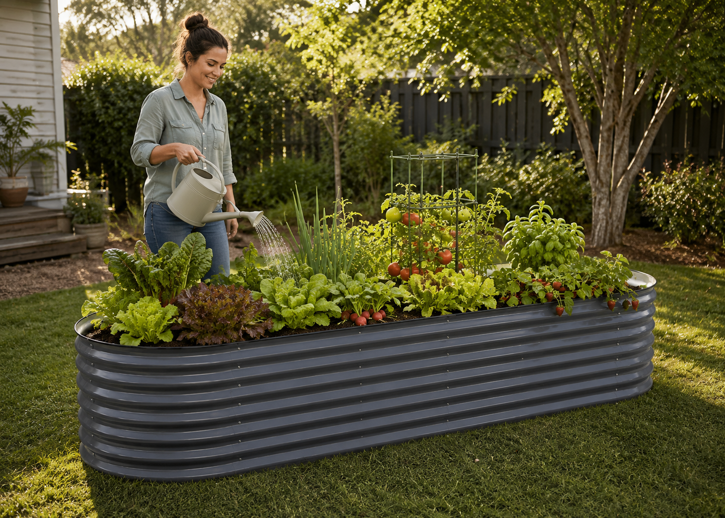A woman watering a raised garden bed with corrugated metal planter boxes filled with leafy greens and tomatoes in a sunny backyard garden.