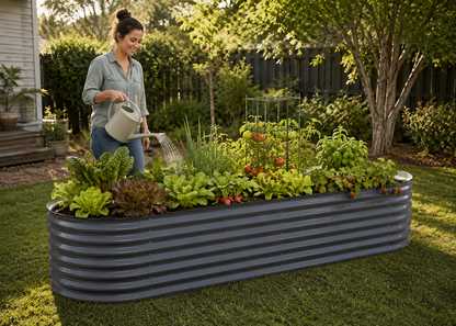 A woman watering a raised garden bed with corrugated metal planter boxes filled with leafy greens and tomatoes in a sunny backyard garden.