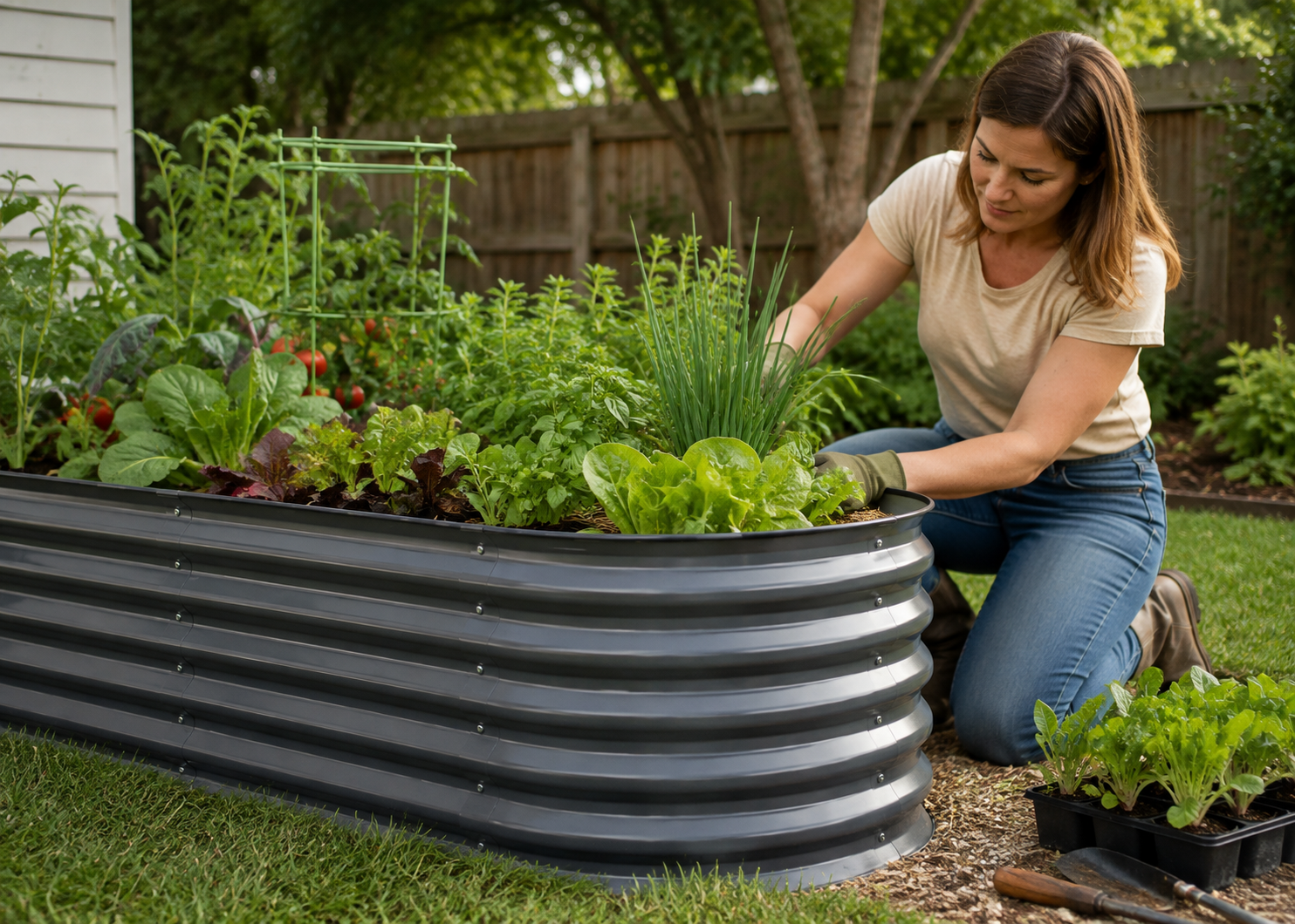 A woman kneels beside a corrugated metal raised garden bed filled with leafy greens and herbs in a backyard garden setting.