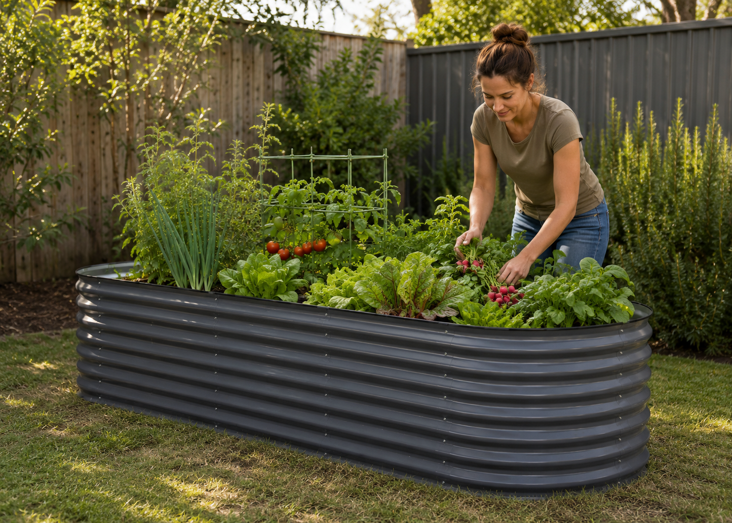 A woman gardening in a corrugated black raised garden bed filled with leafy greens and red radishes, set in a grassy backyard with a wooden fence.