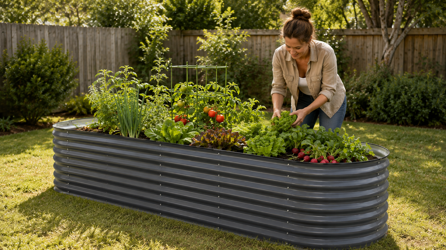 A woman gardening in a grassy backyard next to a large, dark gray corrugated metal raised garden bed filled with various green plants and red tomatoes.