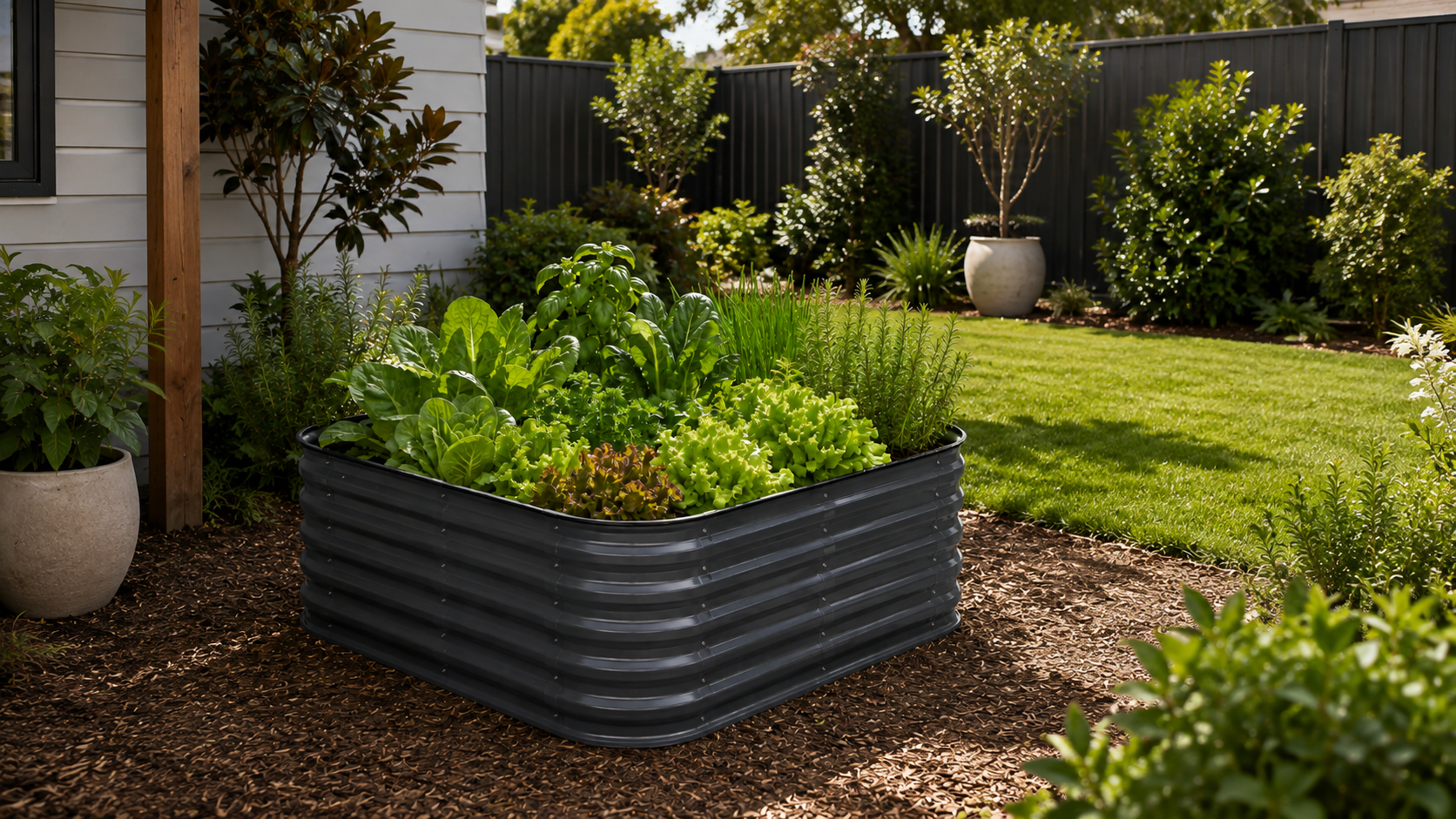 A rectangular raised garden bed filled with leafy greens and herbs, placed on a mulch surface in a landscaped backyard with grass, shrubs, and a dark fence.