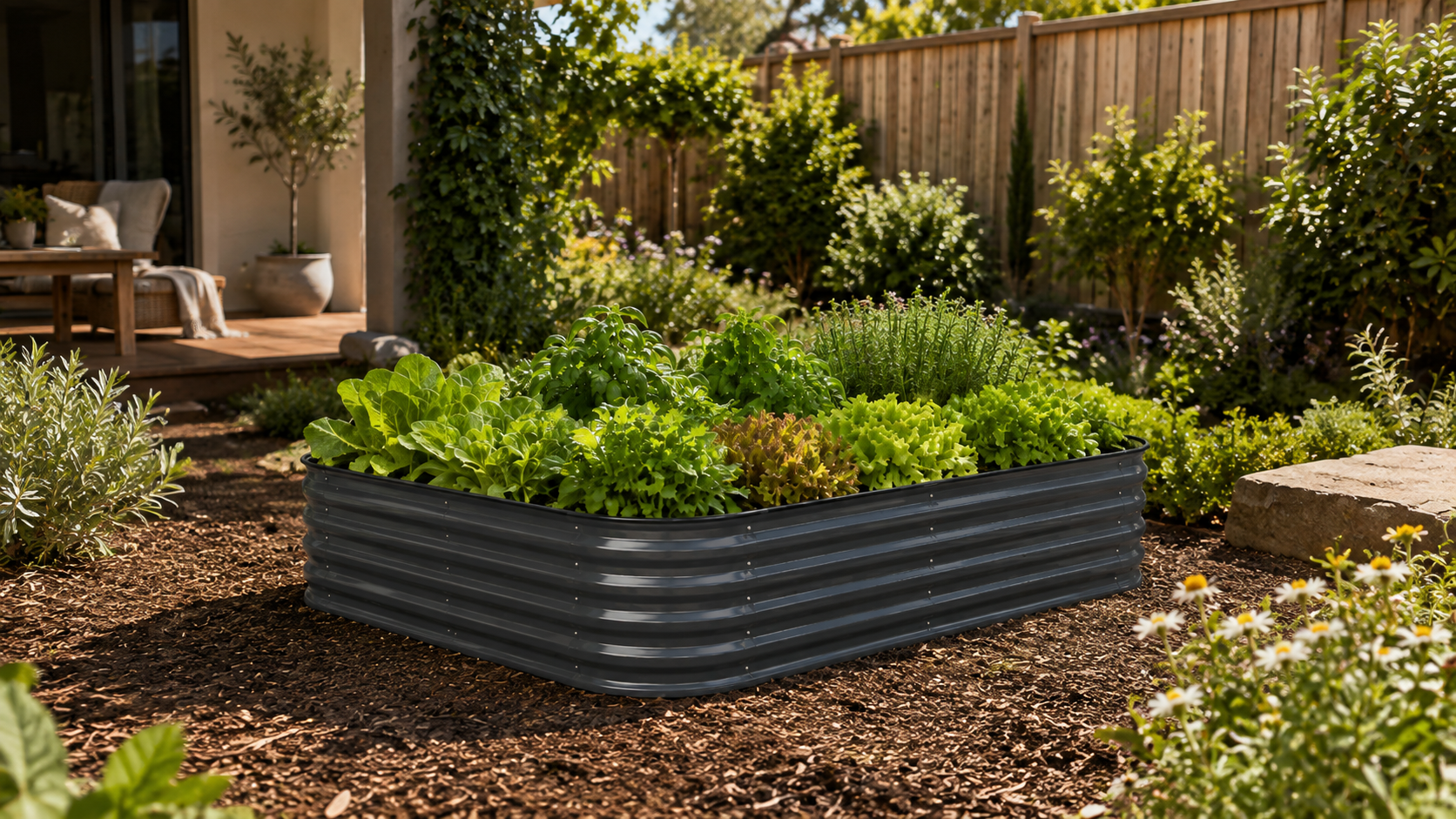 A rectangular raised garden bed made of dark gray corrugated metal, filled with green leafy plants, set in a landscaped backyard garden bed with mulch, shrubs, and a wooden fence in the background.