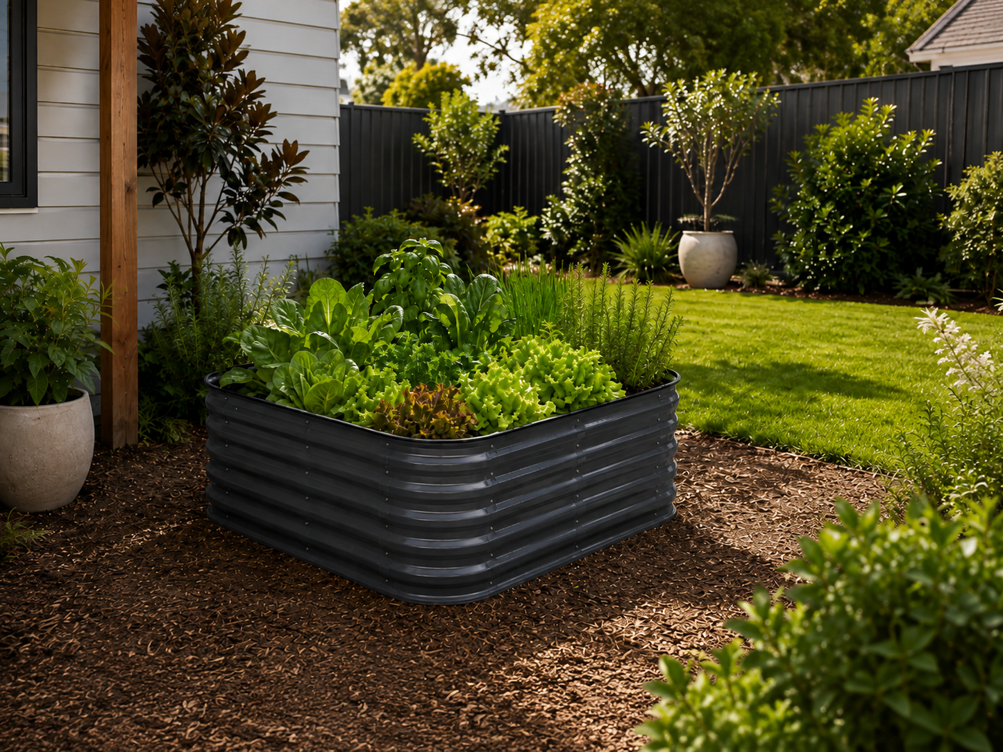 A corrugated black metal raised garden bed filled with green leafy plants, set in a landscaped backyard on a mulch surface next to a house and lawn.