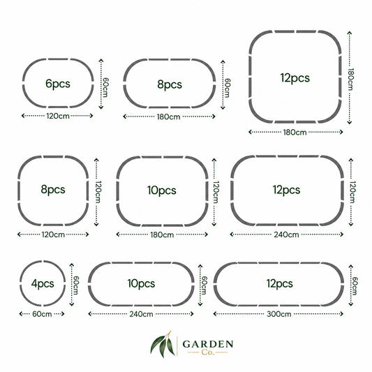 A size chart diagram showing different oval garden bed shapes and sizes with dimensions in centimeters, labeled with piece counts such as 4pcs, 6pcs, 8pcs, 10pcs, 12pcs. The brand name Garden Co is displayed at the bottom.