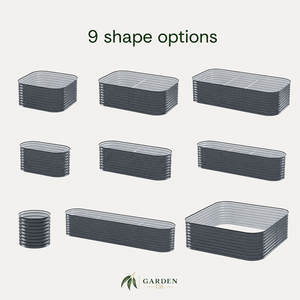 Nine rectangular planter boxes in different sizes and shapes are shown on a light gray background under the text '9 shape options'. The planter edges appear metallic silver-gray, and the Garden Club logo is visible at the bottom.