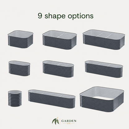 Nine rectangular planter boxes in different sizes and shapes are shown on a light gray background under the text '9 shape options'. The planter edges appear metallic silver-gray, and the Garden Club logo is visible at the bottom.
