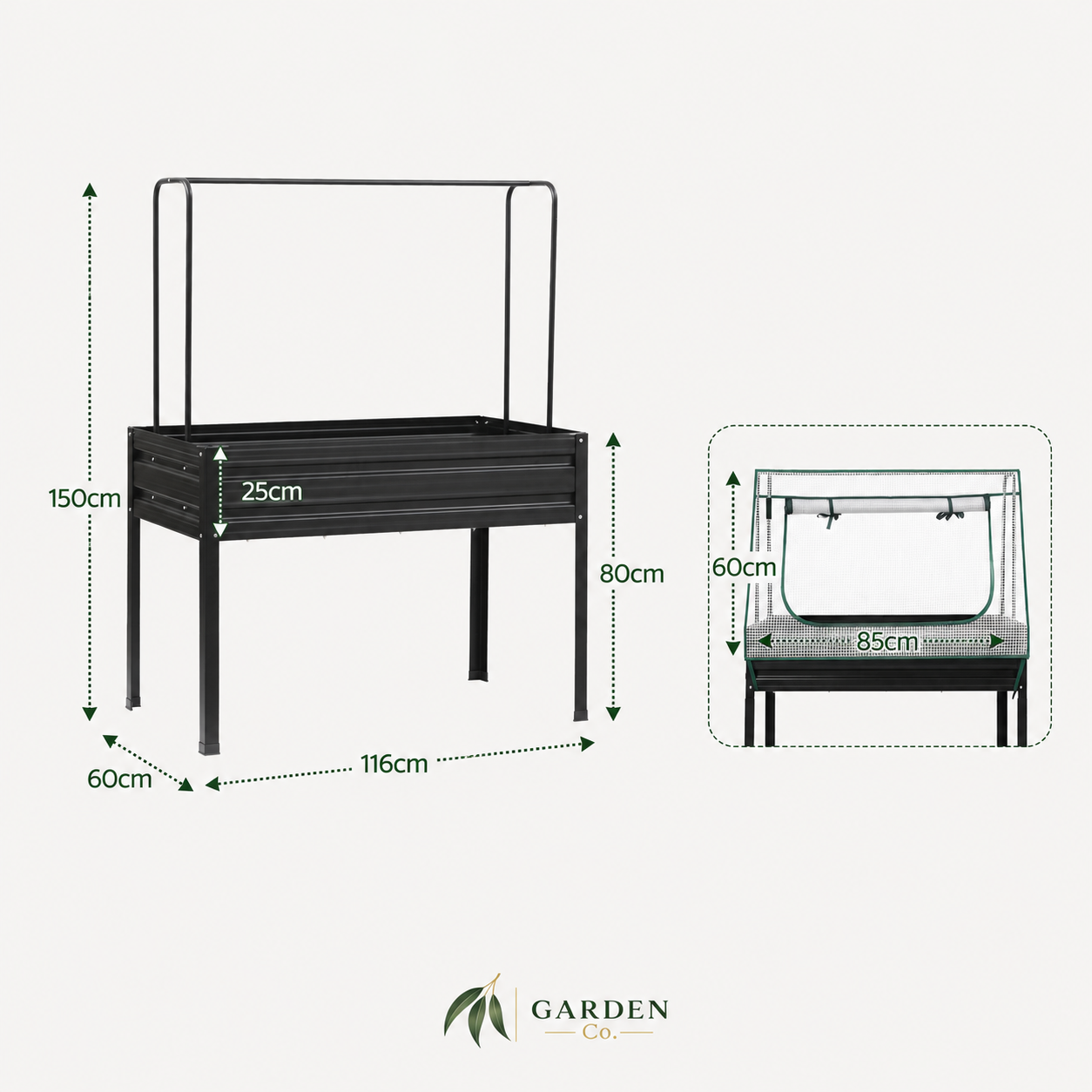 Black metal raised garden bed with height and width dimension annotations, plus a smaller inset view showing front measurements. Garden Co logo appears at the bottom on a light gray background.