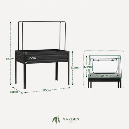 Black metal raised garden bed with height and width dimension annotations, plus a smaller inset view showing front measurements. Garden Co logo appears at the bottom on a light gray background.