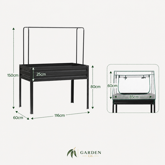 Black metal raised garden bed with height and width dimension annotations, plus a smaller inset view showing front measurements. Garden Co logo appears at the bottom on a light gray background.