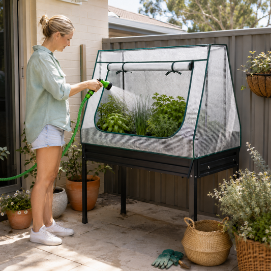 A woman watering a small raised garden bed covered with a white mesh protective cover on a black metal stand, set in a sunny backyard patio environment.