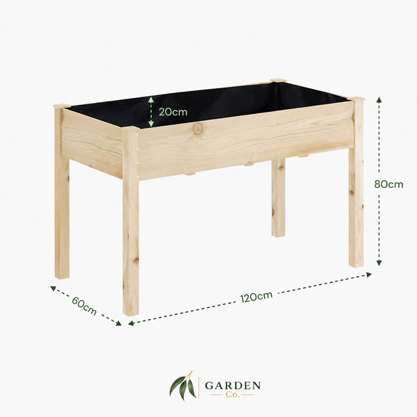 Wooden raised garden bed with dimensions and 'Garden Co.' logo.