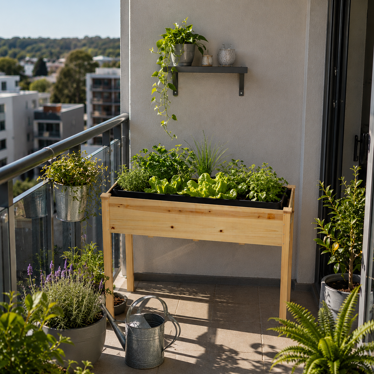 Tall wooden planter with green plants on a balcony with cityscape in the background