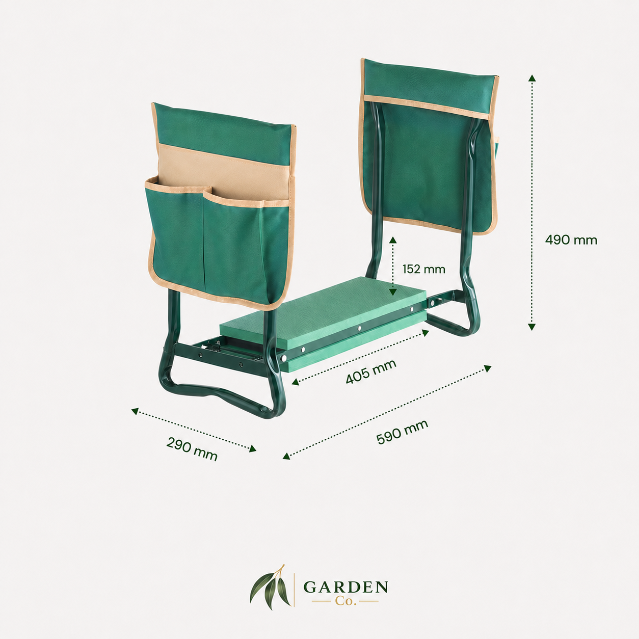 Green and beige fabric garden kneeling pad with dimension annotations showing measurements of 490 mm height, 405 mm width, 290 mm depth, and 590 mm seat length, on a light gray background with Garden Co. logo at the bottom.
