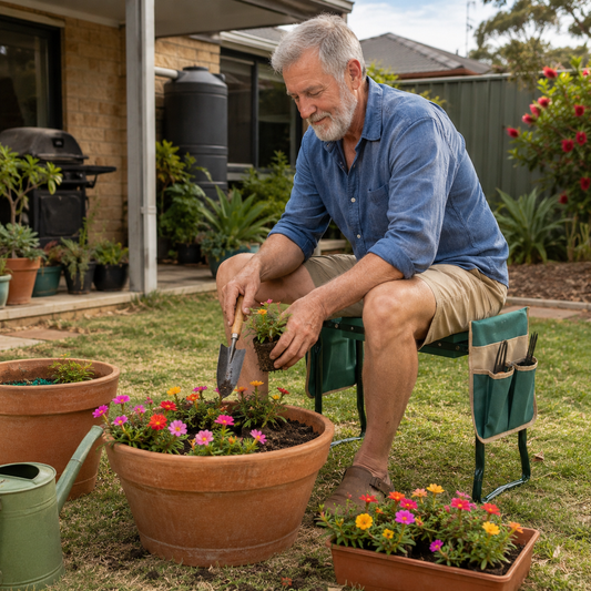 An older man with gray hair and a beard sits on a green garden chair in a backyard garden, planting flowers in a large terracotta pot while holding a small hand trowel. He is wearing a blue button-down shirt and khaki shorts.