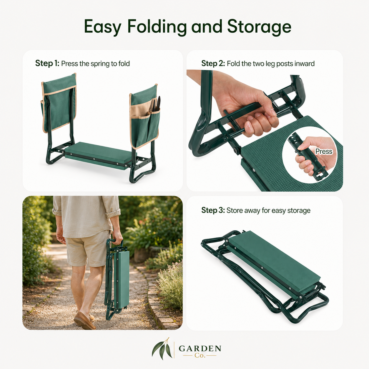 Instructional graphic titled 'Easy Folding and Storage' showing a green folding garden chair in four panels: folded with side pockets, being folded by a hand, carried by a person outdoors, and fully folded for storage. The Garden Co.