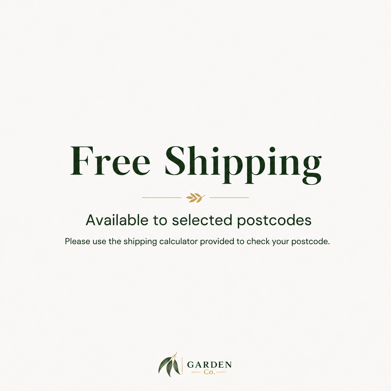 Free shipping  to selected postcodes announcement with a logo on a white background