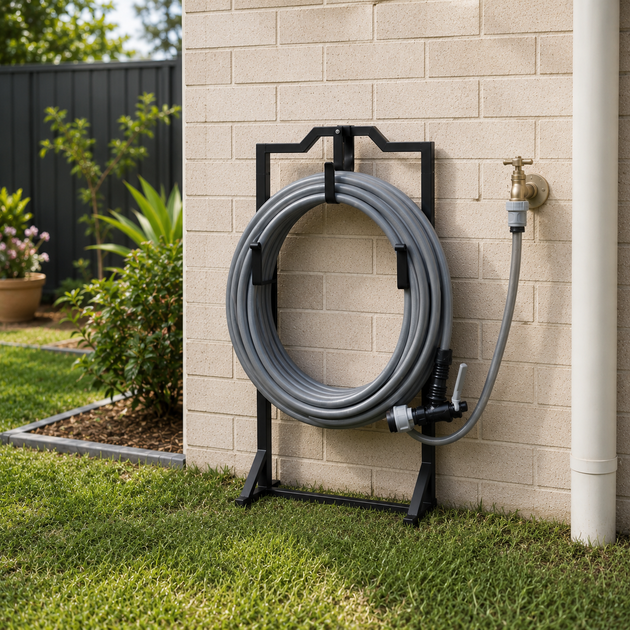 A black metal garden hose reel mounted against a beige brick wall in a backyard, holding a coiled gray hose. A brass outdoor faucet and white downspout are visible on the wall, with green grass and plants in the foreground.