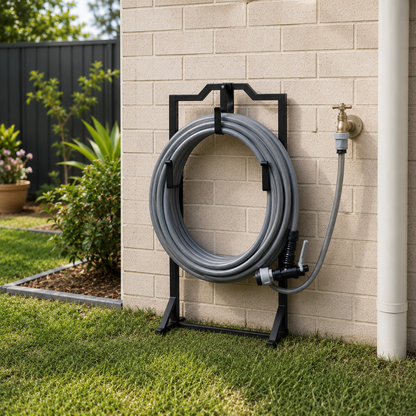 A black metal garden hose reel mounted against a beige brick wall in a backyard, holding a coiled gray hose. A brass outdoor faucet and white downspout are visible on the wall, with green grass and plants in the foreground.