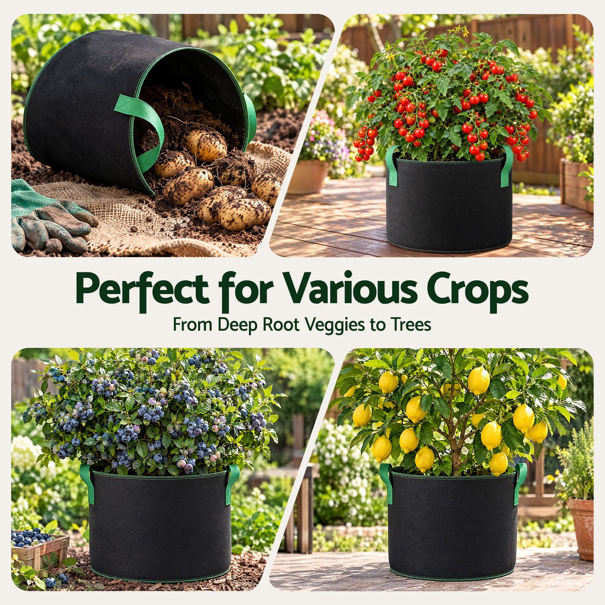 Green Fingers 15 Gallon Grow Bags 300gsm thick Aeration Fabric Pots 10 Pack