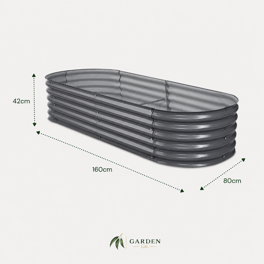 A corrugated metal raised garden bed shown on a light gray background with dimension arrows and labels indicating 160 cm length, 80 cm width, and 42 cm height. The Garden Co logo appears at the bottom.