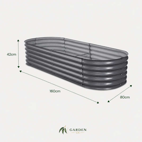 A corrugated metal raised garden bed shown on a light gray background with dimension arrows and labels indicating 160 cm length, 80 cm width, and 42 cm height. The Garden Co logo appears at the bottom.