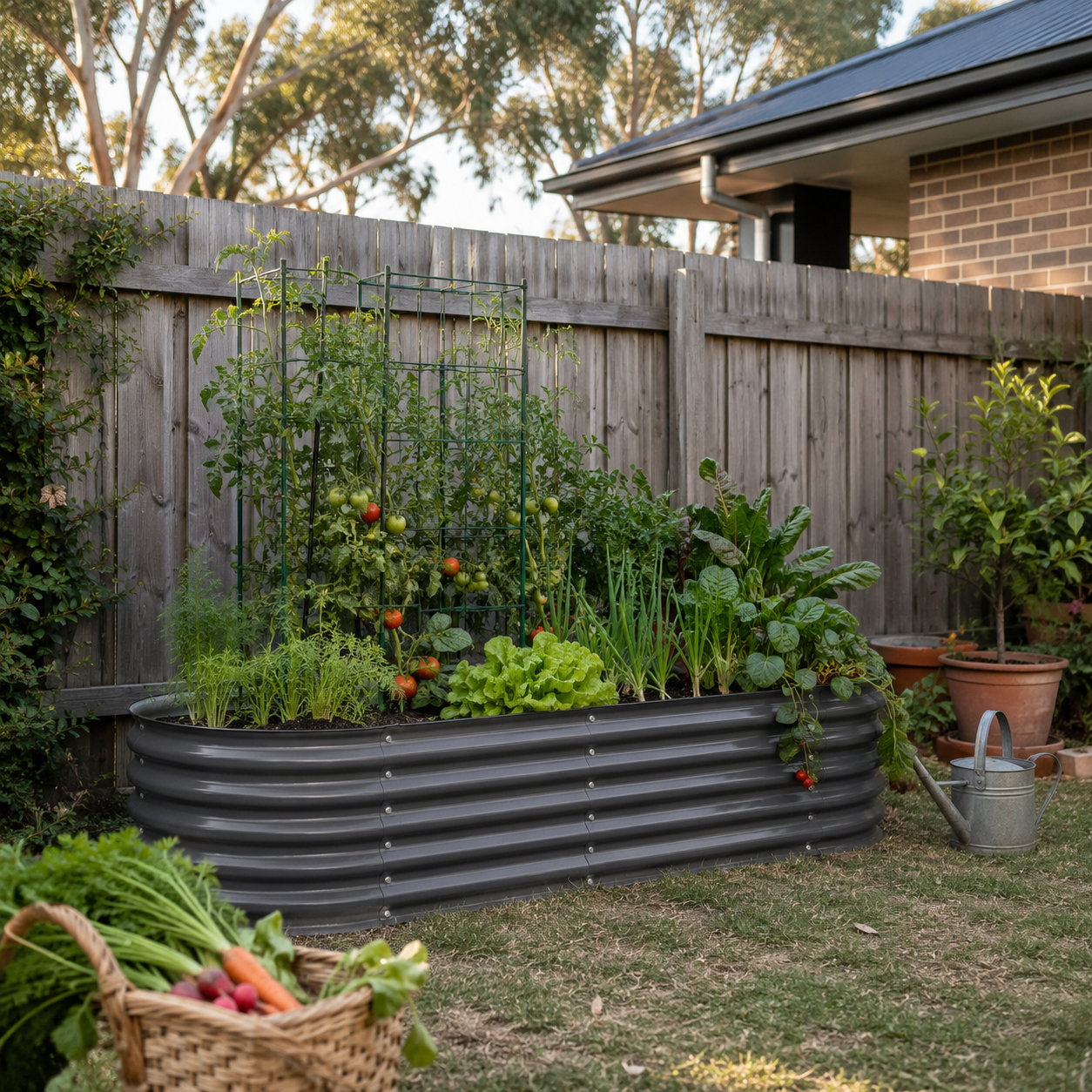 A large corrugated black raised garden bed filled with leafy greens, tomatoes, and climbing plants in a backyard garden setting with a wooden fence, basket of vegetables, and a watering can.