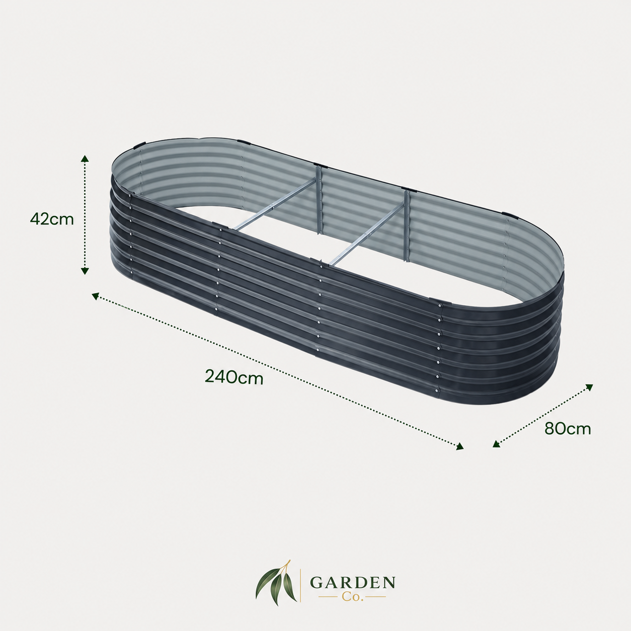 An elongated corrugated metal raised garden bed shown on a light gray background with dimension arrows and labels indicating 240 cm length, 80 cm width, and 42 cm height. The Garden Co logo appears at the bottom.