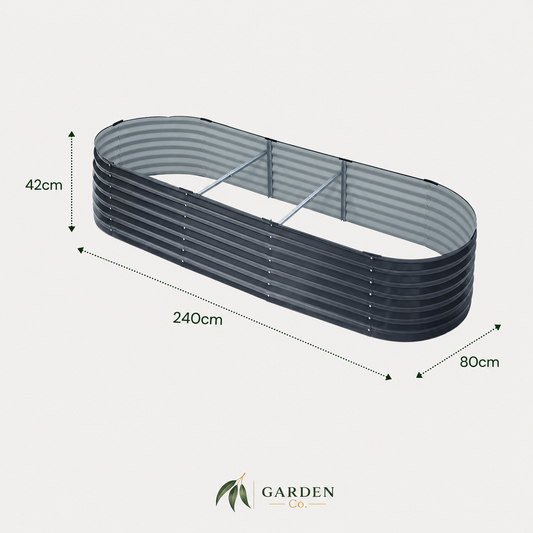 An elongated corrugated metal raised garden bed shown on a light gray background with dimension arrows and labels indicating 240 cm length, 80 cm width, and 42 cm height. The Garden Co logo appears at the bottom.