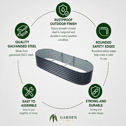 A galvanized steel garden bench shown on a light gray background with circular feature callouts and icons for rustproof outdoor finish, quality galvanized steel, rounded safety edges, easy to assemble, and strong and durable. The Garden Co.