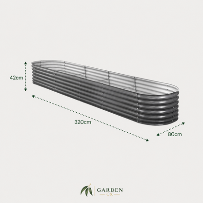 A long, narrow corrugated metal planter bed shown at an angle on a light gray background, with dimension arrows and labels indicating 320 cm length, 80 cm width, and 42 cm height. The Garden Co logo appears at the bottom.
