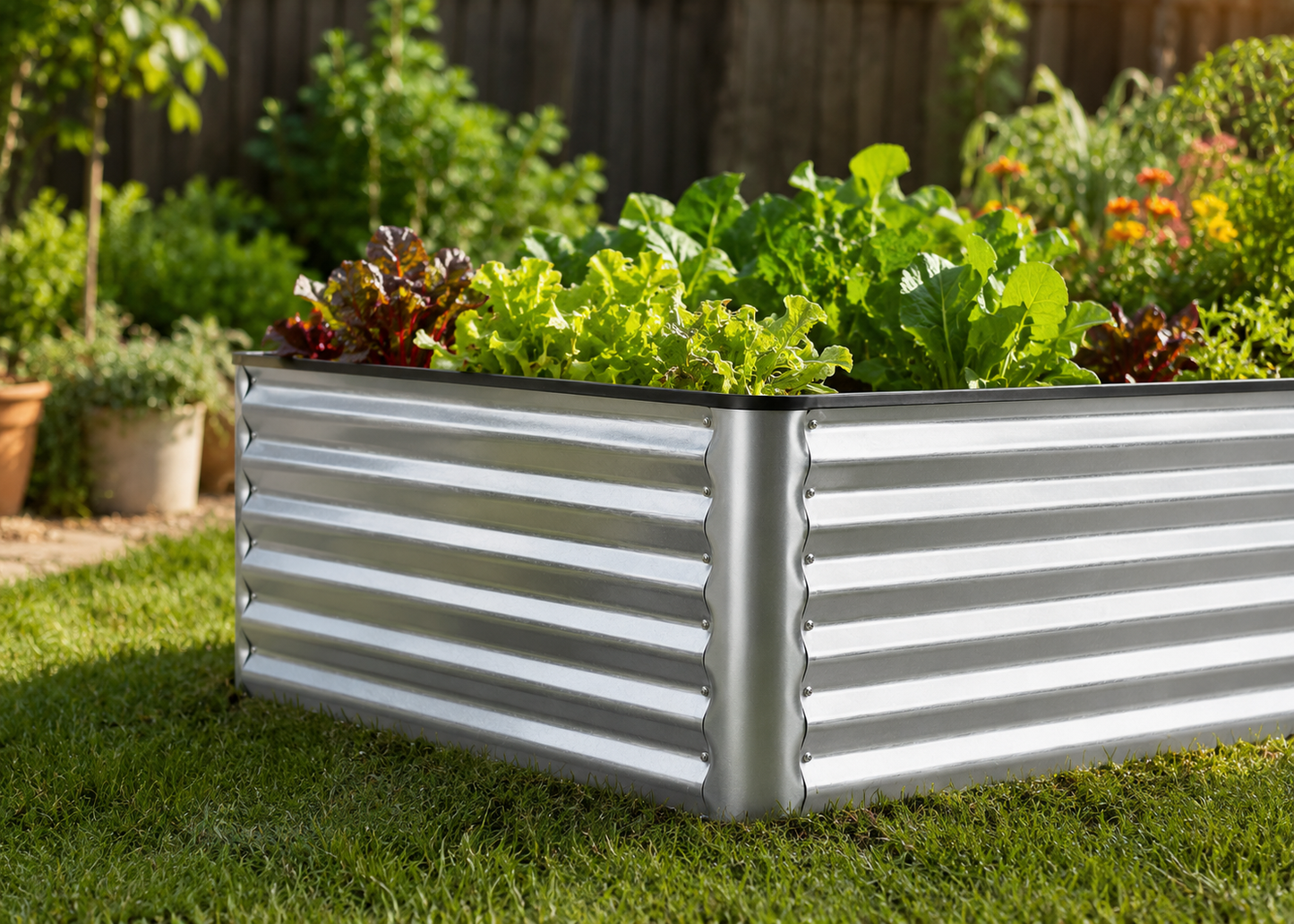 A galvanized steel raised garden bed with corrugated sides, filled with green and red lettuce, situated on a green lawn in a backyard garden setting.