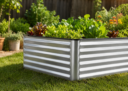 A galvanized steel raised garden bed with corrugated sides, filled with green and red lettuce, situated on a green lawn in a backyard garden setting.
