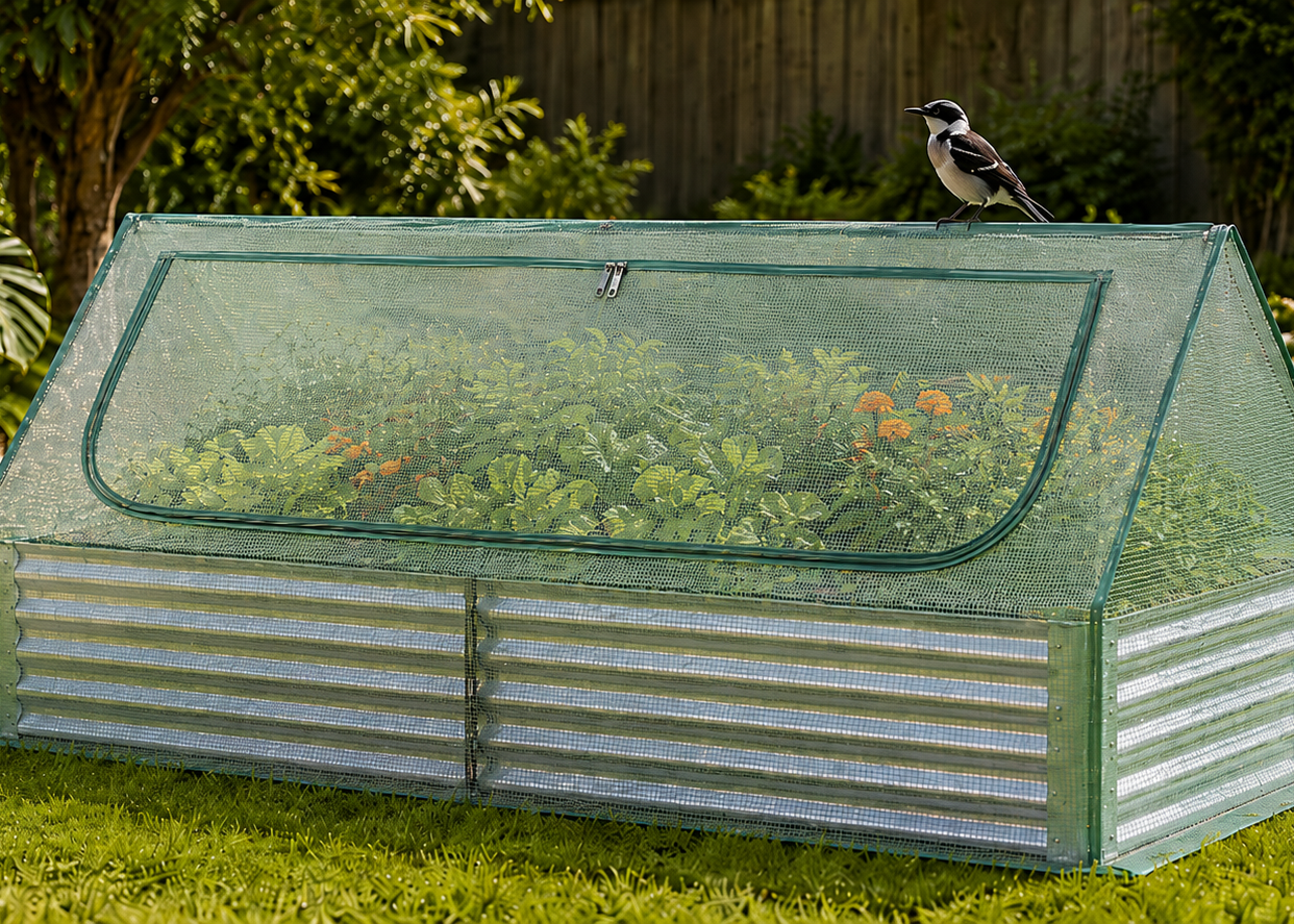 A small greenhouse with a corrugated metal base and a mesh lid, filled with green plants and orange flowers, sits on grass in a garden. A small bird is perched on top of the greenhouse.