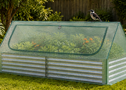 A small greenhouse with a corrugated metal base and a mesh lid, filled with green plants and orange flowers, sits on grass in a garden. A small bird is perched on top of the greenhouse.