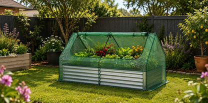 A small pop-up garden hoop house with a green mesh cover and white corrugated metal base, set up on a green lawn in a backyard garden.