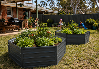 Two dark gray hexagonal raised garden beds filled with leafy green plants in a backyard lawn, with people and a child playing in the background near a house and fence.