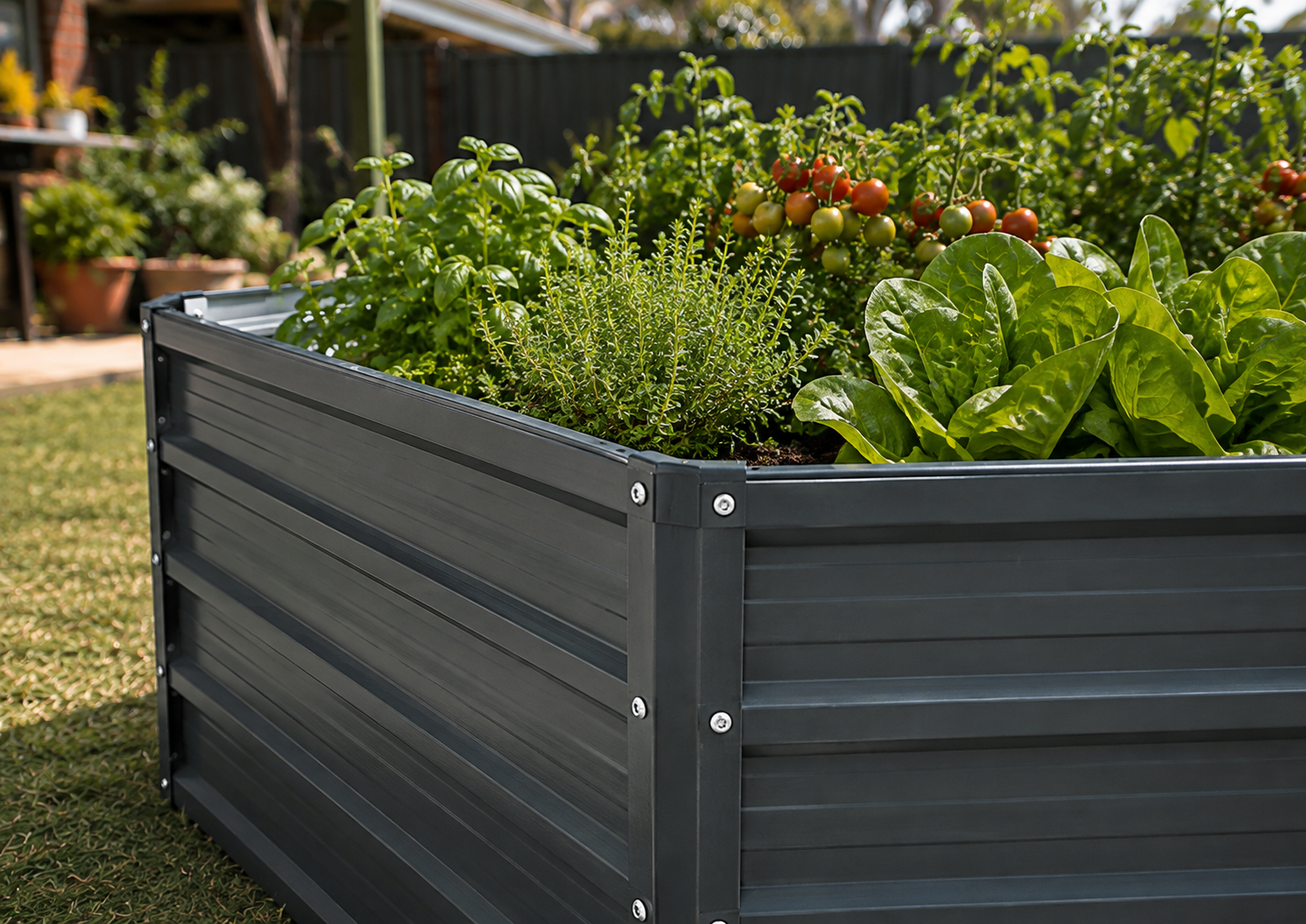 A dark gray raised garden bed filled with green herbs, tomatoes, and leafy greens, shown outdoors on a grassy lawn in a backyard setting.