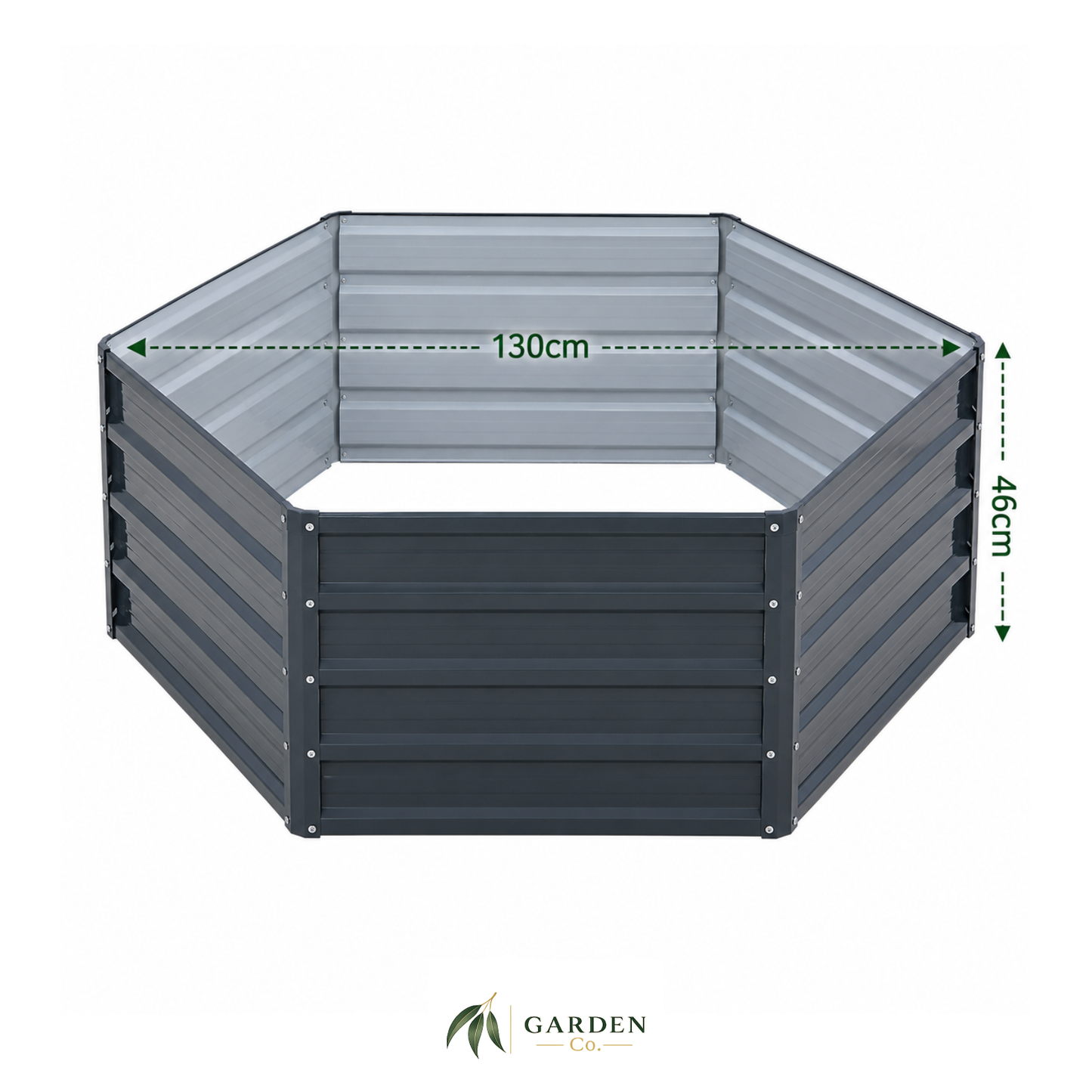 Hexagonal steel raised garden bed with dimensions on a white background