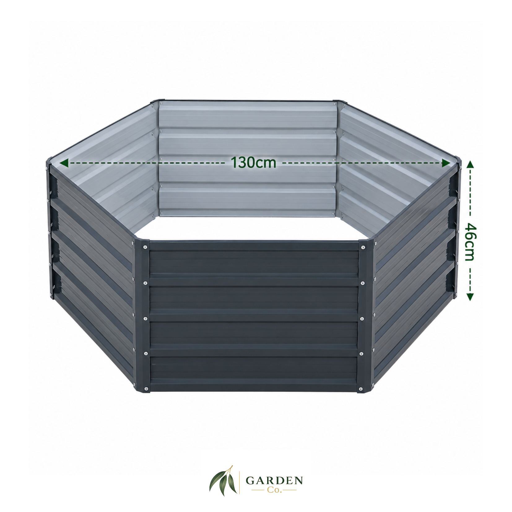 Hexagonal steel raised garden bed with dimensions on a white background