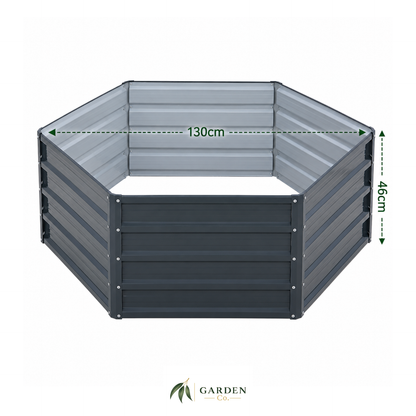 Hexagonal steel raised garden bed with dimensions on a white background